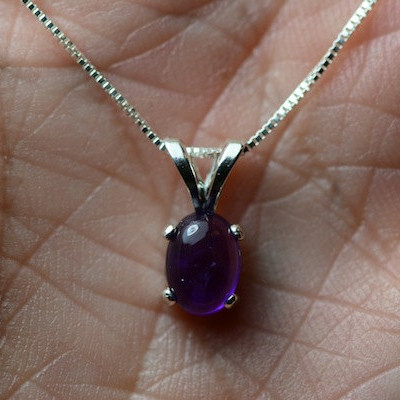 0.80 Carat Genuine Amethyst Cabochon Pendant On Necklace 6x4mm Oval With Fabulous Purple Color Hand Set In Sterling Silver Mountings