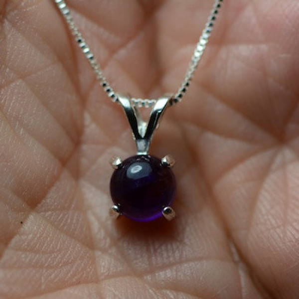 0.95 Carat Genuine Amethyst Cabochon Pendant On Necklace 6mm Round With Fabulous Purple Color Hand Set In Sterling Silver Mountings