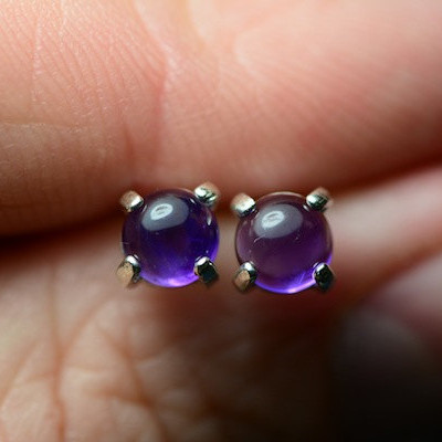 1 Carat Genuine Amethyst Cabochon Stud Earrings 5mm Rounds With Fabulous Purple Color Hand Set In Sterling Silver Mountings