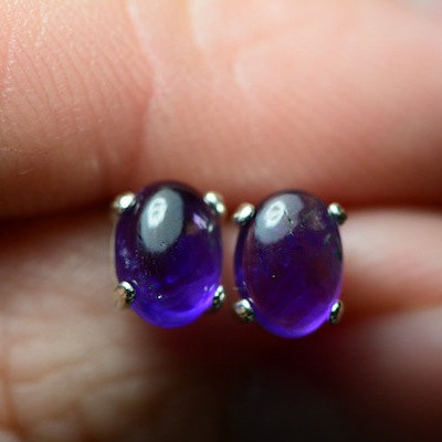 1.50 Carat Real Amethyst Cabochon Stud Earrings 6x4mm Ovals With Fabulous Purple Color Hand Set In Sterling Silver Mountings