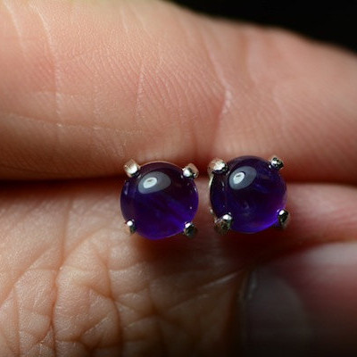 1.75 Carat Real Amethyst Cabochon Stud Earrings 6mm Rounds With Fabulous Purple Color Hand Set In Sterling Silver Mountings