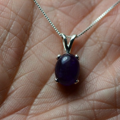 2.00 Carat Genuine Amethyst Cabochon Pendant On Necklace 9x6mm Oval With Fabulous Purple Color Hand Set In Sterling Silver Mountings