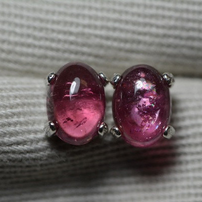 2.00 Carat Genuine Vivid Pink Tourmaline Cabochon Stud Earrings 7x5mm Oval