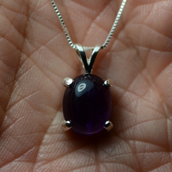 3.00 Carat Genuine Amethyst Cabochon Pendant On Necklace 10x8mm Oval With Fabulous Purple Color Hand Set In Sterling Silver Mountings