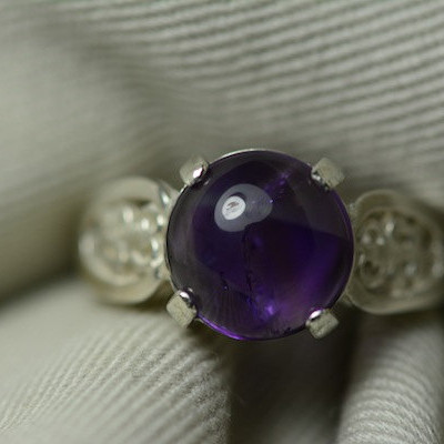 4.00 Carat Genuine Amethyst Cabochon Ring 10mm Round With Fabulous Purple Color Hand Set In Sterling Silver