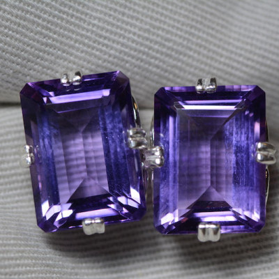 Amethyst Earrings, Certified 21.18 Carat Amethyst Stud Earrings Appraised at 1,050.00 Sterling Silver, Purple, Emerald Cut