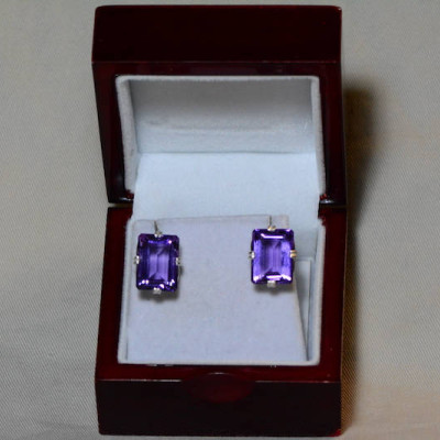 Amethyst Earrings, Certified 21.18 Carat Amethyst Stud Earrings Appraised at 1,050.00 Sterling Silver, Purple, Emerald Cut