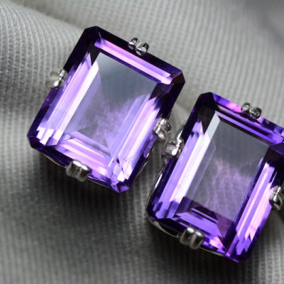 Amethyst Earrings, Certified 25.39 Carat Amethyst Stud Earrings Appraised at 1,250.00 Sterling Silver, Purple, Emerald Cut