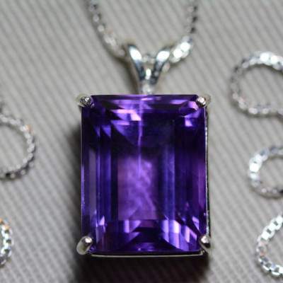 Amethyst Necklace, Certified 10.53 Carat Amethyst Pendant Appraised at 525.00 Sterling Silver Necklace, Purple Genuine Natural Emerald Cut