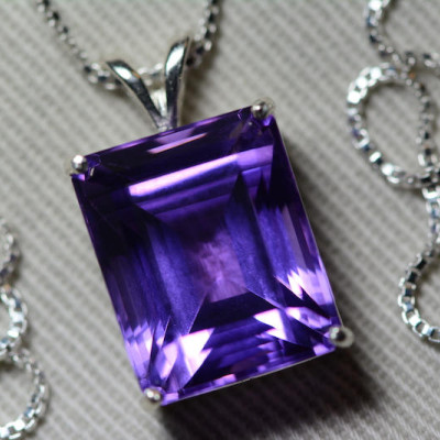 Amethyst Necklace, Certified 10.85 Carat Amethyst Pendant Appraised at 550.00 Sterling Silver Necklace, Purple Genuine Natural Emerald Cut