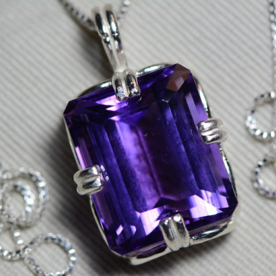 Amethyst Necklace, Certified 19.04 Carat Amethyst Pendant Appraised at 950.00 Sterling Silver Necklace, Real Natural Emerald Cut, Jewellery