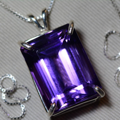 Amethyst Necklace, Certified 33.10 Carat Amethyst Pendant Appraised at 1,650.00 Sterling Silver Necklace, Purple Genuine Natural Emerald Cut
