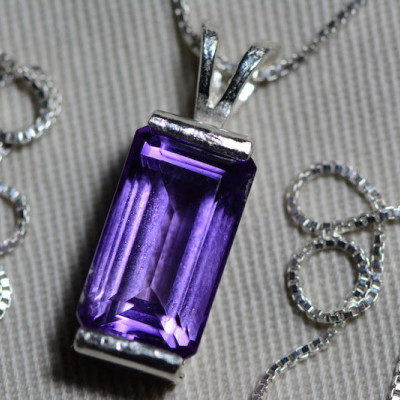 Amethyst Necklace, Certified 6.69 Carat Amethyst Pendant Appraised at 375.00 Sterling Silver Necklace, Purple Genuine Natural Emerald Cut