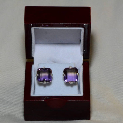 Ametrine Earrings, Certified 27.60 Carat Stud Earrings Appraised 1,900.00 Sterling Silver, Purple Yellow, Square Cut, Real Genuine Natural