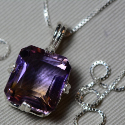 Ametrine Necklace, Certified 13.90 Carat Ametrine Pendant Appraised 975.00 Sterling Silver, Purple Yellow Rectangle Cut Real Genuine Natural