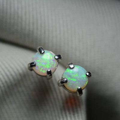 Australian Opal Earrings, 0.60 Carat Natural Solid Cabochon Opal Studs, 5mm Round Cab, Australia, October Birthstone, Green Fire And Flash