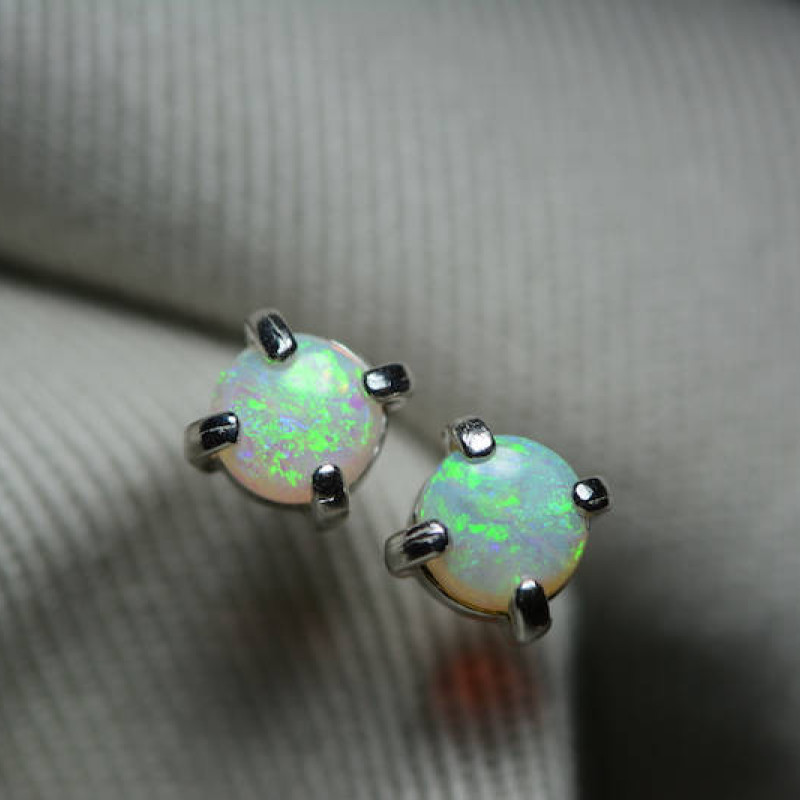 Australian Opal Earrings, 0.60 Carat Natural Solid Opal Studs, 5mm Round Cab,