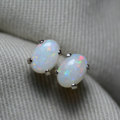 Australian Opal Earrings, 0.91 Carat Natural Solid Cabochon Opal Studs, 7x5mm Oval Cab, Australia, October Birthstone, Rainbow Fire