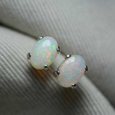 Australian Opal Earrings, 0.92 Carat Natural Solid Cabochon Opal Studs, 7x5mm Oval Cab, Australia, October Birthstone, Green and Pink Flash