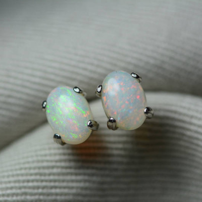 Australian Opal Earrings, 0.92 Carat Natural Solid Cabochon Opal Studs, 7x5mm Oval Cab, Australia, October Birthstone, Green and Pink Flash