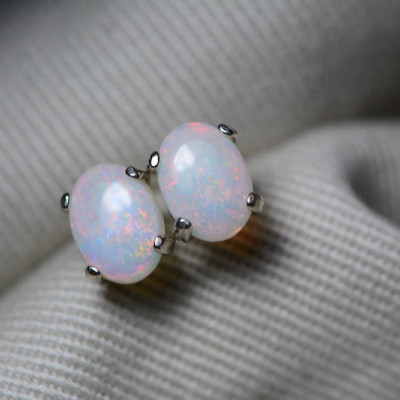 Australian Opal Earrings, 0.93 Carat Natural Solid Cabochon Opal Studs, 7x5mm Oval Cab, Australia, October Birthstone, Pink Fire And Flash