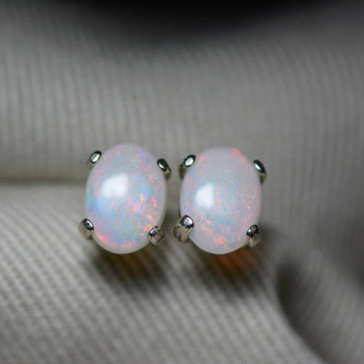 Australian Opal Earrings, 0.93 Carat Natural Solid Cabochon Opal Studs, 7x5mm Oval Cab, Australia, October Birthstone, Pink Fire And Flash