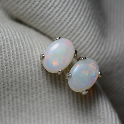 Australian Opal Earrings, 1.04 Carat Natural Solid Cabochon Opal Studs, 7x5mm Oval Cab, Australia, October Birthstone, Green Pink Blue