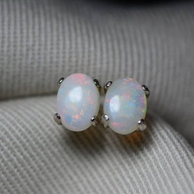 Australian Opal Earrings, 1.04 Carat Natural Solid Cabochon Opal Studs, 7x5mm Oval Cab, Australia, October Birthstone, Green Pink Blue