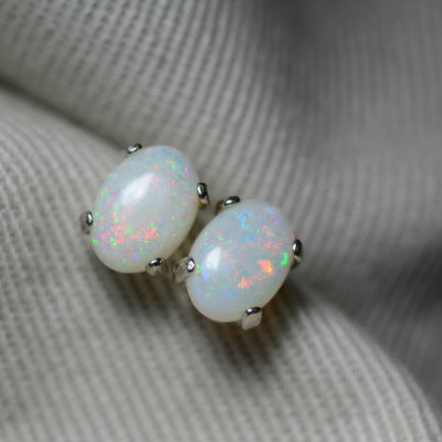 Australian Opal Earrings, 1.11 Carat Natural Solid Cabochon Opal Studs, 7x5mm Oval Cab, Australia, October Birthstone, Green Pink Blue