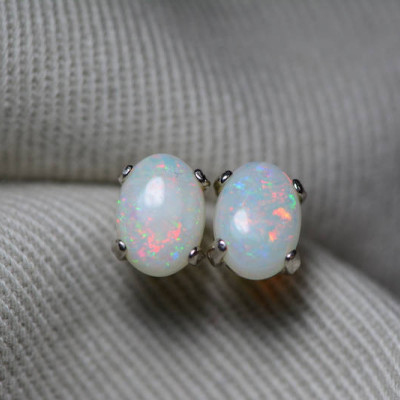 Australian Opal Earrings, 1.11 Carat Natural Solid Cabochon Opal Studs, 7x5mm Oval Cab, Australia, October Birthstone, Green Pink Blue