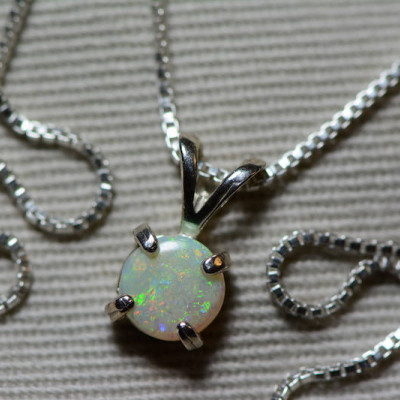 Australian Opal Necklace, 0.37 Carat Natural Solid Cabochon Opal Pendant, 6mm Round Cab, Australia, October Birthstone, Green Orange Blue