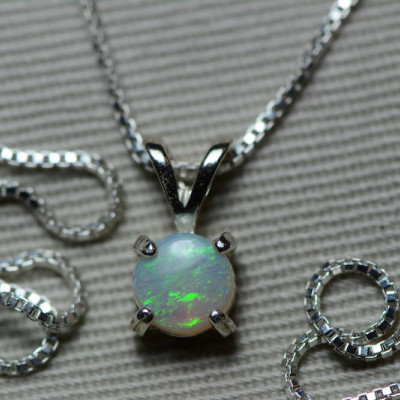 Australian Opal Necklace, 0.49 Carat Natural Solid Cabochon Opal Pendant, 6mm Round Cab, Australia, October Birthstone, Green Fire And Flash