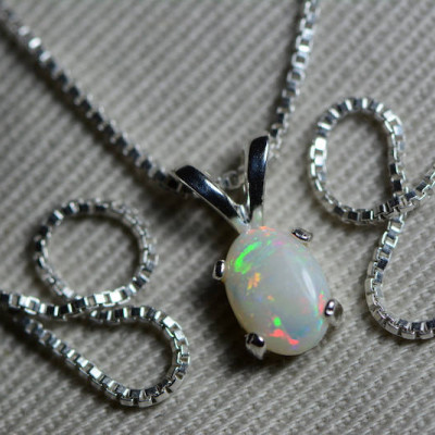 Australian Opal Necklace, 0.49 Carat Natural Solid Cabochon Opal Pendant, 7x5mm Oval Cab, Australia, October Birthstone, Pink Blue Green