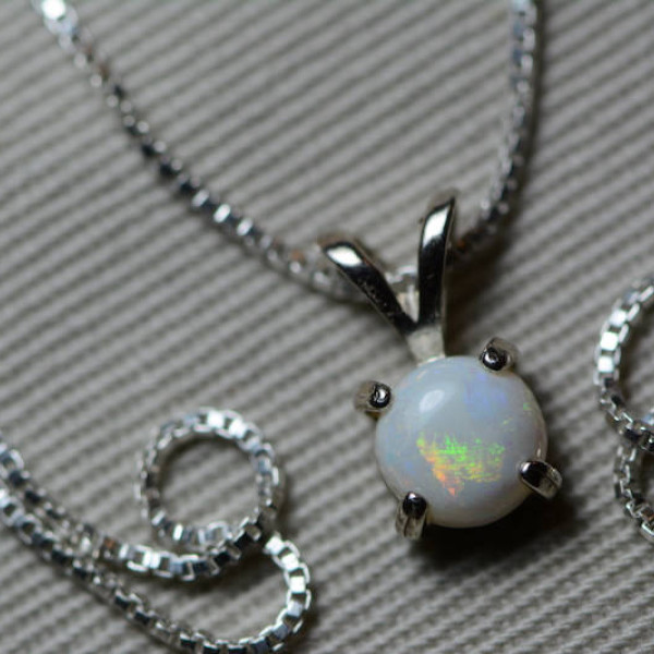 Australian Opal Necklace, 0.57 Carat Natural Solid Cabochon Opal Pendant, 6mm Round Cab, Australia, October Birthstone, Multi Fire And Flash