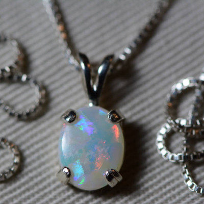 Australian Opal Necklace, 0.75 Carat Natural Solid Cabochon Opal Pendant, 8x6mm Oval Cab, Australia, Sterling Silver, Pink Purple Green
