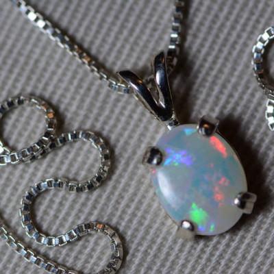Australian Opal Necklace, 0.75 Carat Natural Solid Cabochon Opal Pendant, 8x6mm Oval Cab, Australia, Sterling Silver, Pink Purple Green
