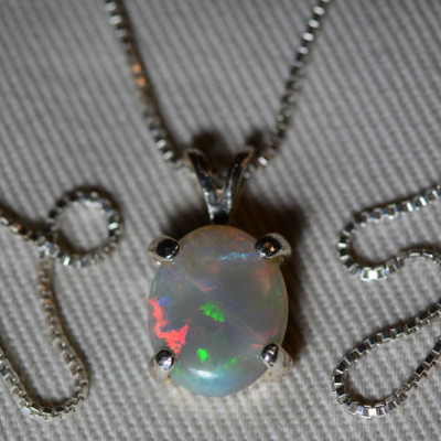 Australian Opal Necklace, 1.76 Carat Natural Solid Cabochon Opal Pendant, Semi Black Semiblack Australia, Sterling Silver, Pink Purple Green
