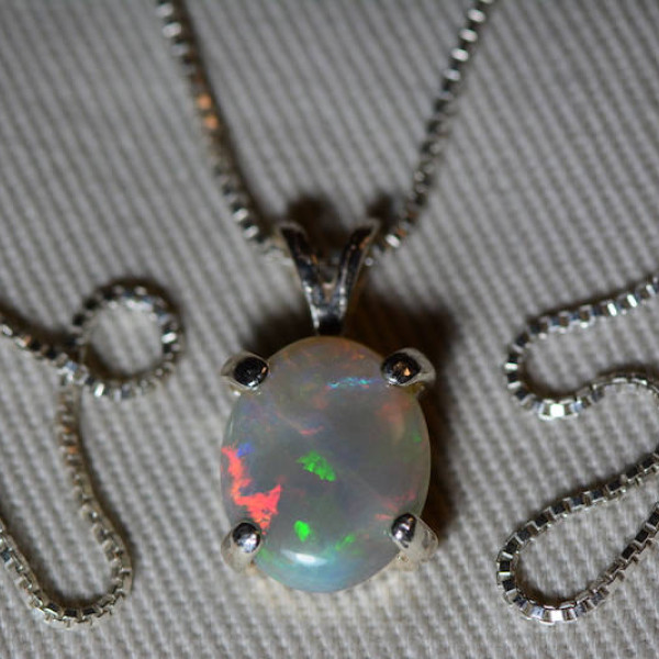 Australian Opal Necklace, 1.76 Carat Natural Solid Cabochon Opal Pendant, Semi Black Semiblack Australia, Sterling Silver, Pink Purple Green
