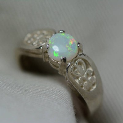 Australian Opal Ring, 0.45 Carat Natural Solid Cabochon Opal Solitaire, 6mm Round Cab, Australia, October Birthstone, Green Fire And Flash