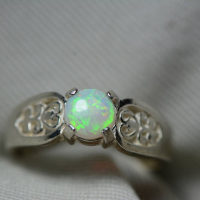 Australian Opal Ring, 0.45 Carat Natural Solid Cabochon Opal Solitaire, 6mm Round Cab, Australia, October Birthstone, Green Fire And Flash