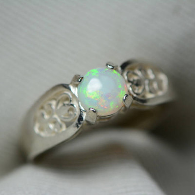 Australian Opal Ring, 0.45 Carat Natural Solid Cabochon Opal Solitaire, 6mm Round Cab, Australia, October Birthstone, Green Fire And Flash