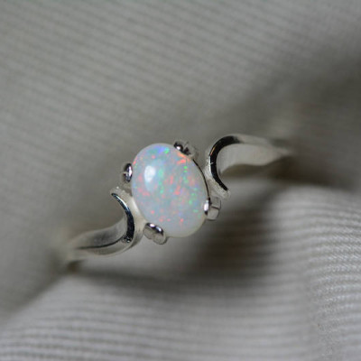 Australian Opal Ring, 0.49 Carat Natural Solid Cabochon Opal Solitaire, 7x5mm Oval Cab, Australia, October Birthstone, Blue Green Pink