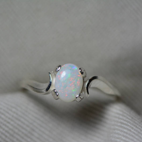 Australian Opal Ring, 0.49 Carat Natural Solid Cabochon Opal Solitaire, 7x5mm Oval Cab, Australia, October Birthstone, Blue Green Pink