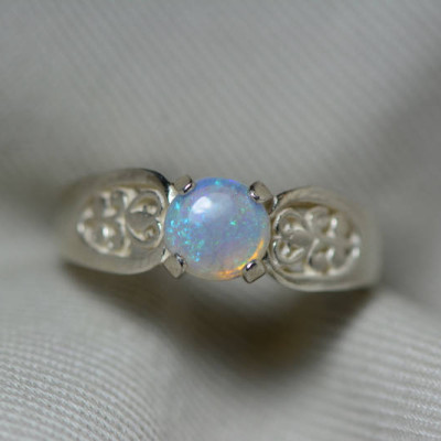 Australian Opal Ring, 0.50 Carat Natural Solid Cabochon Opal Solitaire, 6mm Round Cab, Australia, October Birthstone, Blue Fire And Flash