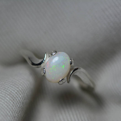 Australian Opal Ring, 0.51 Carat Natural Solid Cabochon Opal Solitaire, 7x5mm Oval Cab, Australia, October Birthstone, Green Pink