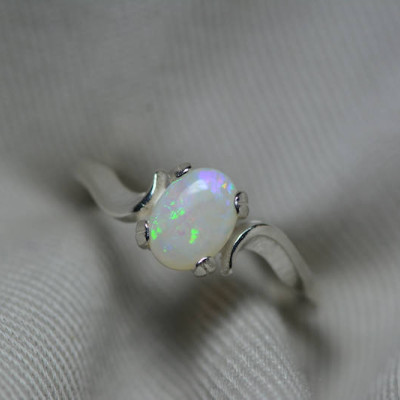Australian Opal Ring, 0.52 Carat Natural Solid Cabochon Opal Solitaire, 7x5mm Oval Cab, Australia, October Birthstone, Green Purple