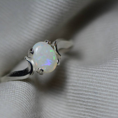 Australian Opal Ring, 0.52 Carat Natural Solid Cabochon Opal Solitaire, 7x5mm Oval Cab, Australia, October Birthstone, Green Purple