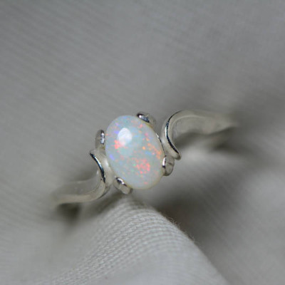 Australian Opal Ring, 0.53 Carat Natural Solid Cabochon Opal Solitaire, 7x5mm Oval Cab, Australia, October Birthstone, Rainbow Flash