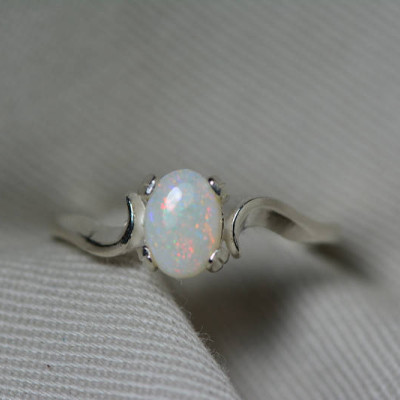 Australian Opal Ring, 0.53 Carat Natural Solid Cabochon Opal Solitaire, 7x5mm Oval Cab, Australia, October Birthstone, Rainbow Flash