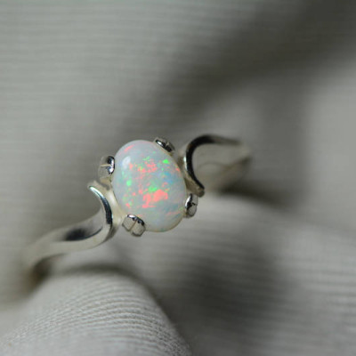 Australian Opal Ring, 0.56 Carat Natural Solid Cabochon Opal Solitaire, 7x5mm Oval, Australia, October Birthstone, Rainbow, Sterling Silver